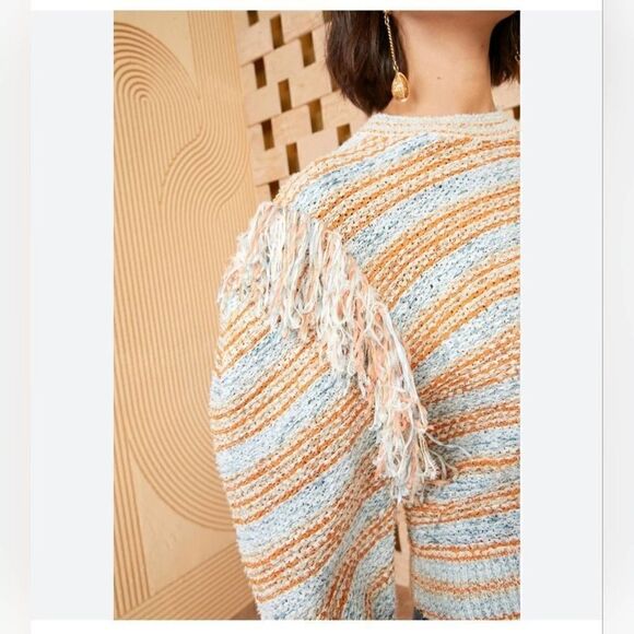 Ulla Johnson Arquette Fringed Striped Cotton-Blend Pullover Sweater in Bergamot - Picture 4 of 16